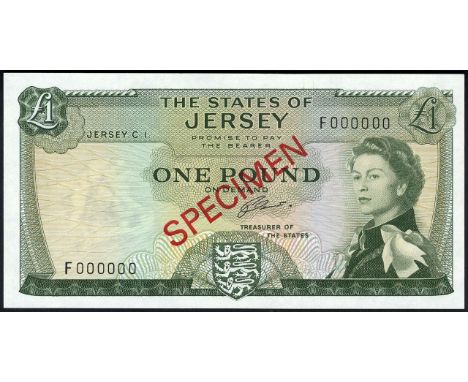 Jersey, P 8s2, Linzmayer B108cs, The States of Jersey, 1 Pound, (1972-83), SPECIMEN. Coat of arms of Jersey at lower center, 