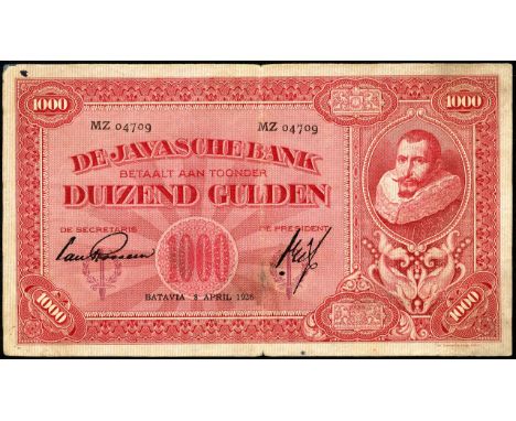 Netherlands Indies, P 77a, Handjaja H-134a, UnO 244a, De Javaanse Bank, 1,000 Gulden, 8 April 1926. Portrait of Jan Pieterszo