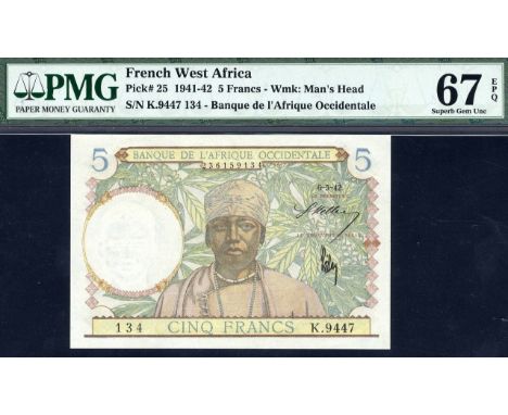 French West Africa, P 25, Leclerc/Kolsky 163a, Banque de l'Afrique Occidentale, 5 Francs, 6 May 1942. Portrait of a native ma