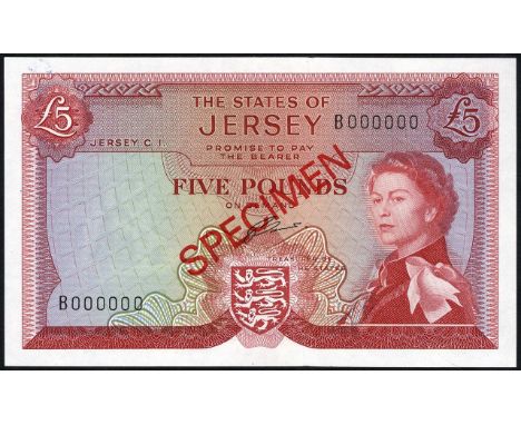 Jersey, P 9bs, Linzmayer B109bs, The States of Jersey, 5 Pounds, (1972-83), SPECIMEN. Coat of arms of Jersey at lower center,