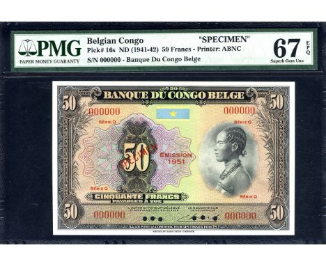 Belgian Congo, P 16s, NBBC B24, Banque du Congo Belge, 50 Francs, (1941-42), 1951, SPECIMEN. Portrait of woman at right on fr