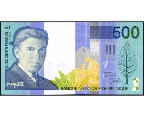 Belgium, NBBB-86, P 149, Banque Nationale de Belgique, 500 Francs, (1988). Portrait of René Magritte at left, birds in plants
