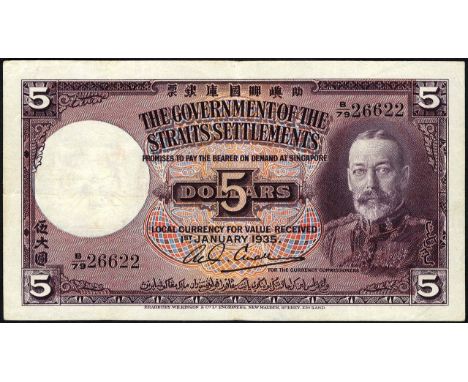 Straits Settlements, P 17b, Linzmayer B122e, The Government of the Straits Settlements, 5 Dollars, 1 Janauary 1935. Portrait 