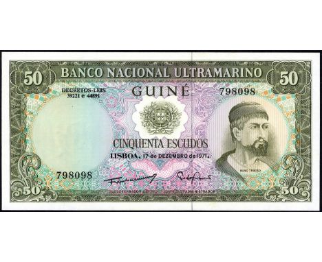 Portuguese Guinea, P 44a, Banco Nacional Ultramarino, Guiné, 50 Escudos, 17 December 1971. Coat of arms of Portugal at upper 