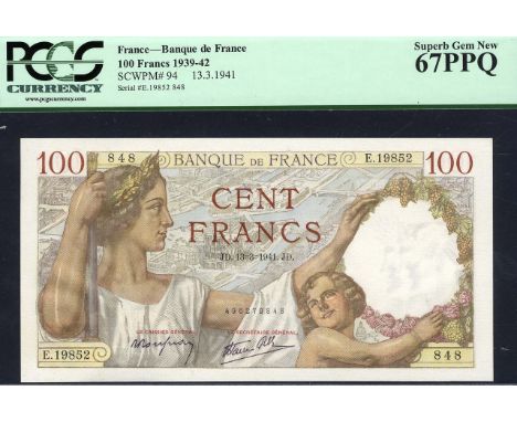 France, P 94, Fayette 26.48, Banque de France, 100 Francs, 13 March 1941. Woman and child with background of Paris on front. 