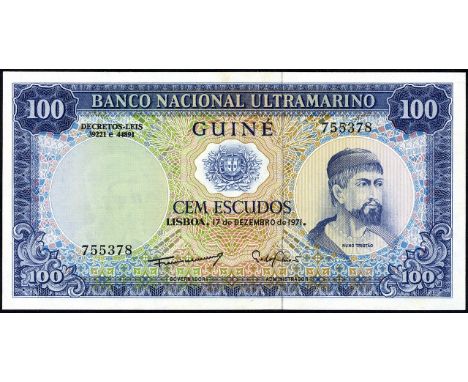Portuguese Guinea, P 45a, Banco Nacional Ultramarino, Guiné, 100 Escudos, 17 December 1971. Coat of arms of Portugal at upper