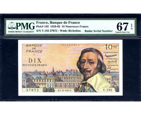 France, P 142, Banque de France, 10 Nouveaux Francs, 7 December 1961, RADAR SERIAL NUMBER. Palais Royal across bottom, Armand