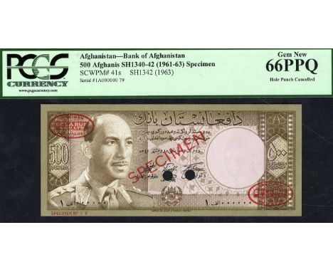 Afghanistan, P 41s, Linzmayer B324bs2, Bank of Afghanistan, 500 Afghanis, SH1342 (1963), SPECIMEN. Portrait of King Muhammad 