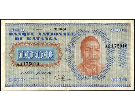 Katanga, P 10a, Linzmayer B208, Banque Nationale du Katanga, 1,000 Francs, 31 October 1960. Portrait of Moise Tshombe at righ