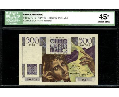 France, P 129a, Fayette 34.3, Banque de France, 500 Francs, 7 November 1945. Portrait of Chateaubriand with musical instrumen