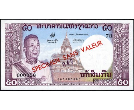 Lao, P 12s, Linzmayer B212as1, Banque Nationale du Laos, 50 Kip, (1963), SPECIMEN. Portrait of King Sisavang Vatthana at left