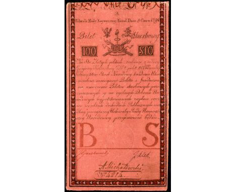 Poland, P A5, Treasury Note, 100 Zlotych, 8 June 1794. Arms at top. Uniface., # 4214, Light traces of mounting on back, other