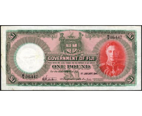 Fiji, P 40a, Government of Fiji, 1 Pound, 1 January 1941. Portrait of King George VI at right on front., # B/3 06447, Small t