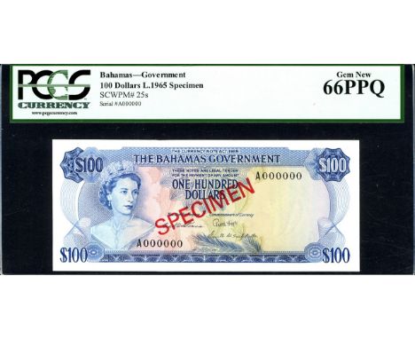 Bahamas, P 25s, Linzmayer B124bs1, The Bahamas Government, 100 Dollars, L.1965, SPECIMEN. Portrait of Queen Elizabeth II at l