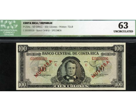 Costa Rica, P 234s, Banco Central de Costa Rica, 100 Colones, (1966), SPECIMEN. Portrait of Juan Rafael Mora at center on fro
