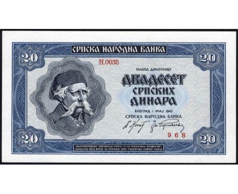 Serbia, P 28, Barac R148, Serbian National Bank, 20 Dinara, 1 May 1942. Portrait of V. Karadzic at left on front. Coat of arm