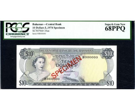 Bahamas, P 38as, Linzmayer B303as1, The Central Bank of the Bahamas, 10 Dollars, L.1974, SPECIMEN. Portrait of Queen Elizabet