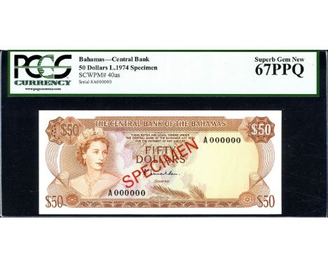 Bahamas, P 40as, Linzmayer B305as, The Central Bank of the Bahamas, 50 Dollars, L.1974, SPECIMEN. Portrait of Queen Elizabeth
