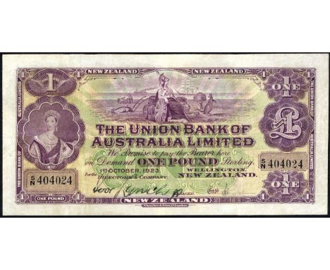 New Zealand, P S372a, The Union Bank of Australia Limited, 1 Pound, 1 October 1923. Portrait of Queen Victoria at left, Brita