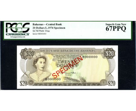 Bahamas, P 39as, Linzmayer B304as1, The Central Bank of the Bahamas, 20 Dollars, L.1974, SPECIMEN. Portrait of Queen Elizabet