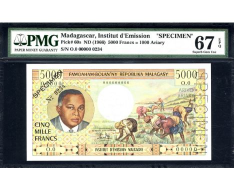 Madagascar, P 60s, Institut d'Émission Malgache, 5,000 Francs = 1,000 Ariary, (1966), SPECIMEN. Portrait of President P. Tsir