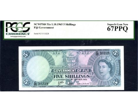 Fiji, P 51e, Government of Fiji, 5 Shillings, 1 October 1965. Coat of arms of Fiji at upper center, portrait of Queen Elizabe