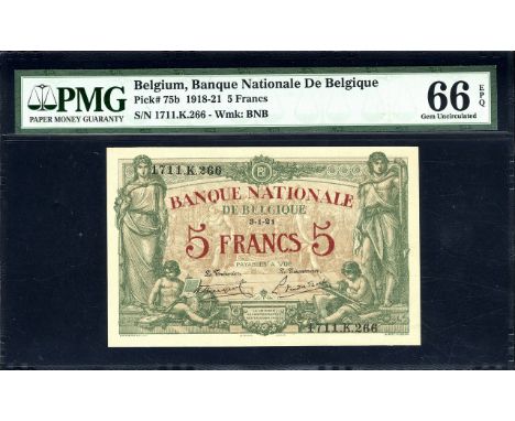 Belgium, NBBB-6b, P 75b, Banque Nationale de Belgique/Nationale Bank van België, 5 Francs, 3 Janauary 1921. Allegorical figur