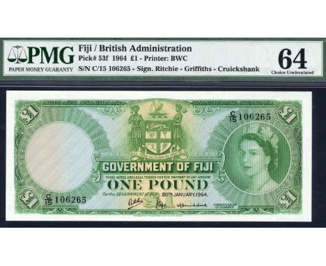 Fiji, P 53f, Government of Fiji, 1 Pound, 20 January 1964. Coat of arms of Fiji at upper center, portrait of Queen Elizabeth 