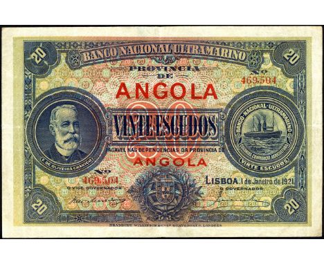Angola, P 59, Banco Nacional Ultramarino, 20 Escudos, 1 January 1921. Portrait Francisco de Oliveira Chamico at left on front