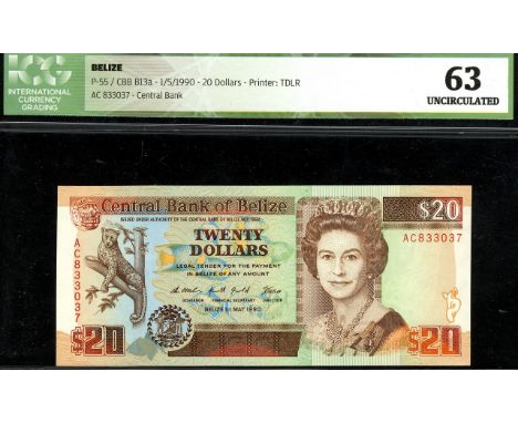 Belize, P 55, Linzmayer B313a, Central Bank of Belize, 20 Dollars, 1 May 1990. Jaguar at left, mature portrait of Queen Eliza