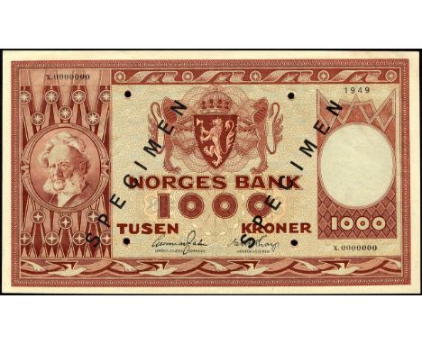 Norway, P 35s, Norges Bank, 1,000 Kroner, 1949, SPECIMEN. Portrait of H. Ibsen at left, coat of arms of Norway at upper cente