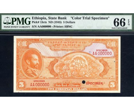 Ethiopia, P 13cts, Linzmayer B202ct, State Bank of Ethiopia, 5 Dollars, (1945), COLOR TRIAL. Gold. Portrait of Emperor Haile 