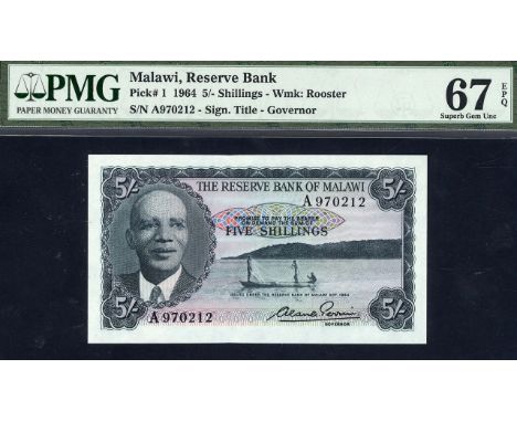 Malawi, P 1, Linzmayer B101a, The Reserve Bank of Malawi, 5 Shillings, L.1964. Portrait of President Hastings Banda at left, 