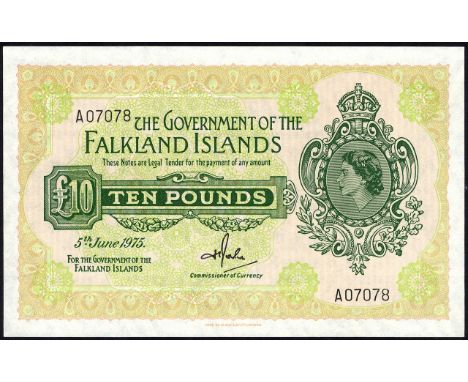 Falkland Islands (Malvinas), P 11a, Linzmayer B216a, Government of the Falkland Islands, 10 Pounds, 5 June 1975. Portrait of 