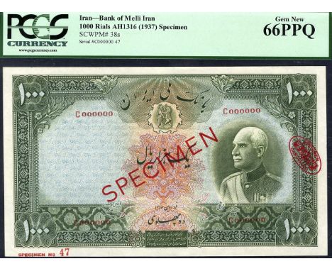 Iran, P 38Aas, Linzmayer B132as, Bank Melli Iran, 1,000 Rials, AH1317 (1938), SPECIMEN. Darius the Great stabbing Ahriman mon