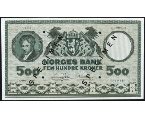 Norway, P 34s, Norges Bank, 500 Kroner, 1948, SPECIMEN. Portrait of Niels Henrik Abel at upper left, coat of arms of Norway a