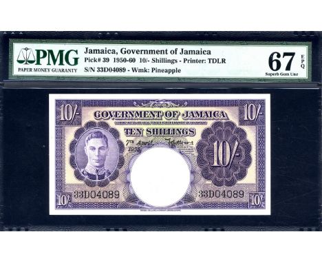 Jamaica, P 39, Linzmayer B108d, Government of Jamaica, 10 Shillings, 7 April 1955. Portrait of King George VI at left on fron