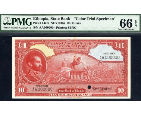 Ethiopia, P 14cts, Linzmayer B203ct, State Bank of Ethiopia, 10 Dollars, (1945), COLOR TRIAL. Red. Portrait of Emperor Haile 