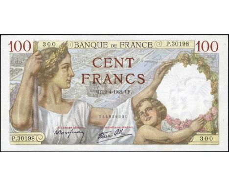 France, P 94, Fayette 26.69, Banque de France, 100 Francs, 2 April 1942. Woman and child with background of Paris on front. S