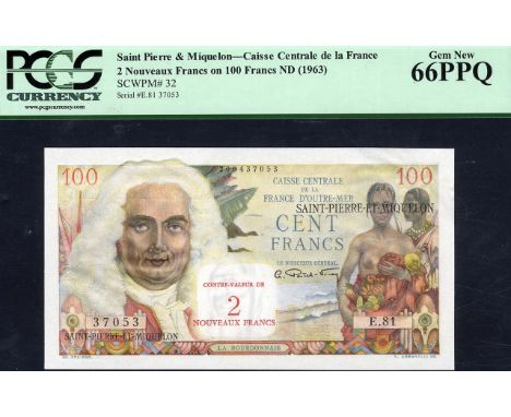 Saint Pierre & Miquelon, P 32, Caisse Centrale de la France d'Outre-Mer, 2 Nouveaux Francs on 100 Francs, (1963). Portrait of
