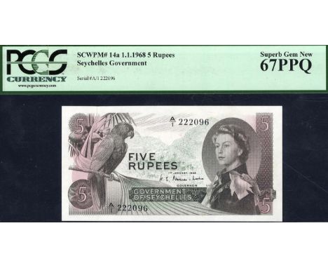 Seychelles, P 14a, Linzmayer B121a, Government of Seychelles, 5 Rupees, 1 January 1968. Seychelles black parrot at left, port