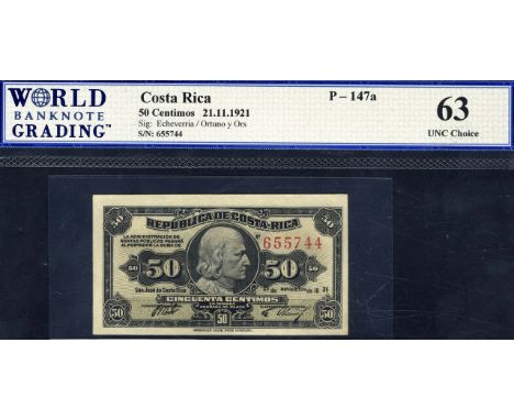 Costa Rica, P 147a, República de Costa Rica, 50 Centimos, 21 November 1921. Portrait of Columbus at center on front. Coat of 