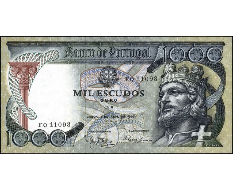 Portugal, P 171, Banco de Portugal, 1000 Escudos, 2 April 1965. Portrait of J. Pinto Ribeiro at left, arms at upper center on