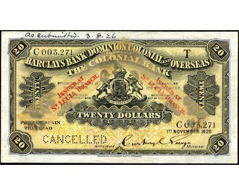 Saint Lucia, P NL, Barclays Bank Dominion Colonial and Overseas, formerly The Colonial Bank, 20 Dollars, 1 November 1926, SPE
