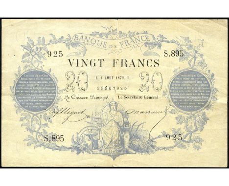 France, P 55, Fayette A46.3, Banque de Francs, 20 Francs, 6 August 1872. Seated woman depicting Commerce at lower center on f