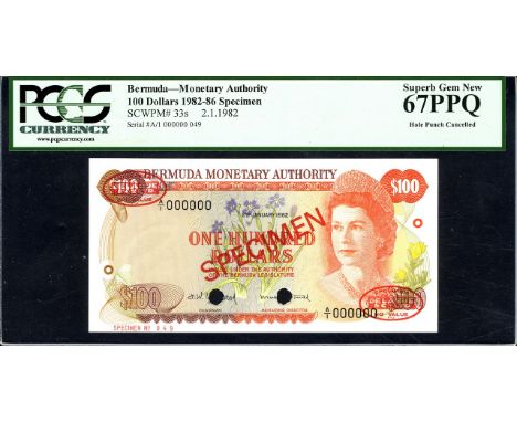 Bermuda, P 33s1, Linzmayer B206as2, Bermuda Monetary Authority, 100 Dollars, 2 Janauary 1982, SPECIMEN. Portrait of Queen Eli