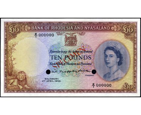 Rhodesia & Nyasaland, P 23as, Linzmayer B104as, Bank of Rhodesia and Nyasaland, 10 Pounds, 3 April 1956, SPECIMEN. Lion at lo