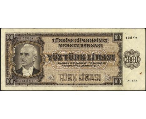 Turkey, P 144a, Linzmayer B227a, Central Bank of Turkey, 100 Lira, L.1930 (1946). Portrait of ?smet ?nönü wearing bowtie at l