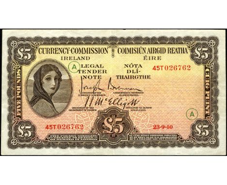 Ireland Republic, P 3C, Currency Commission Ireland, 5 Pounds, 23 September 1940. Portrait of Lady Hazel Lavery at left on fr