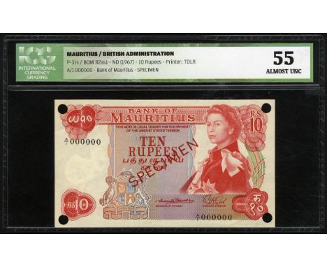 Mauritius, P 31s, Linzmayer B402as1, Bank of Mauritius, 10 Rupees, (1967), SPECIMEN. Coat of arms of Mauritius at lower left 
